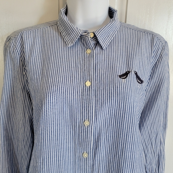 LOFT Blue White Striped 100% Cotton Button Down Shirt Embroidered Birds Size M - Picture 2 of 10